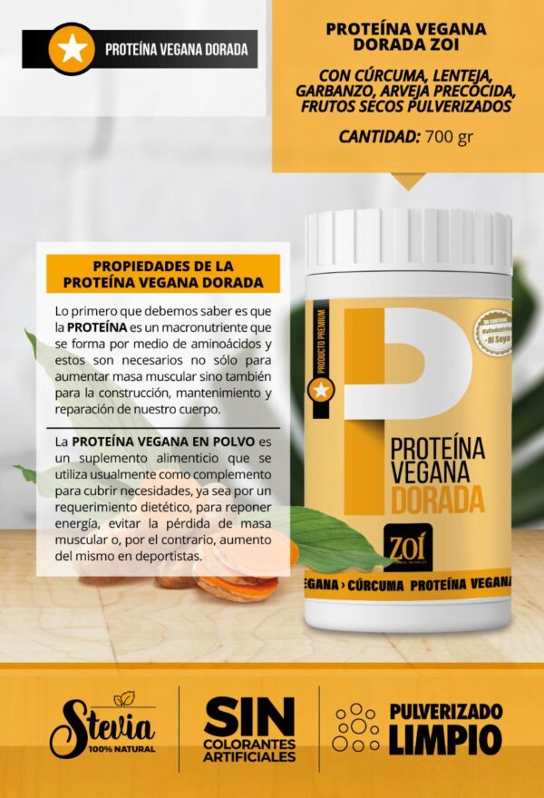 PROTEÍNA VEGANA DORADA 100 % ORGANICA X 700 G - Imagen 2